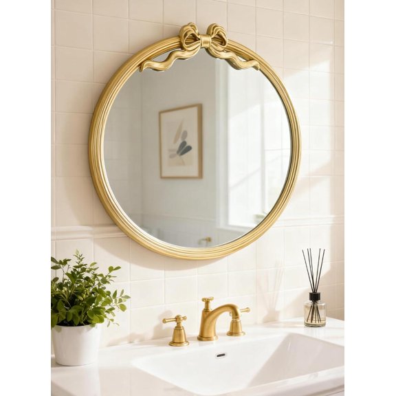 Gold Bow Decorative Round Mirror