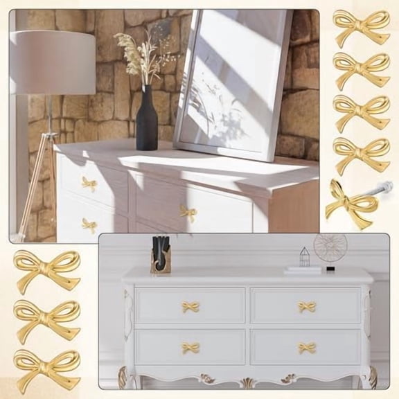 Gold Bow Drawer Knobs Brass Bow Knobs for Dresser Decorative Brass Drawer Pulls Vintage Cabinet Handles for Home Bedroom Kitchen Cabinets Hardware Cupboard(Large Size,16pcs)