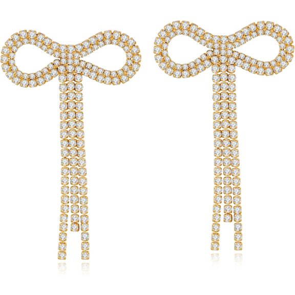 Gold Bow Earrings For Women Teen Pink Bowtie Dainty Long Tassel Drop Stud Trendy Statement Jewelry Gift[Z1]
