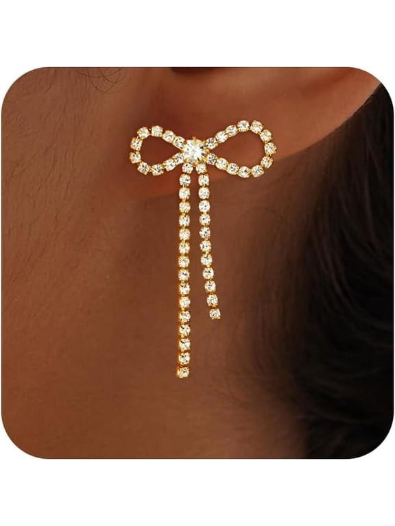 Gold Bow Earrings for Women Trendy, Cute Bow Stud Earring 14k Gold Plated Dainty Ribbon Pearl Bow Drop Dangle Earrings Hypoallergenic Gold Earrings Sparkly Christmas Earrings for Women Jewelry Gift