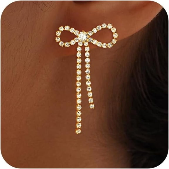 Gold Bow Earrings for Women Trendy, Cute Bow Stud Earring 14k Gold Plated Dainty Ribbon Pearl Bow Drop Dangle Earrings Hypoallergenic Gold Earrings Sparkly Christmas Earrings for Women Jewelry Gift