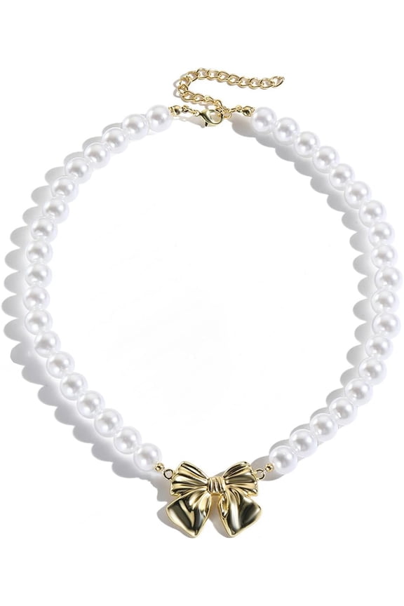 Gold Bow Knot Chunky Pearl Choker - Exaggerated Large Pearl Statement Necklace for Women - Bride Wedding Jewelry