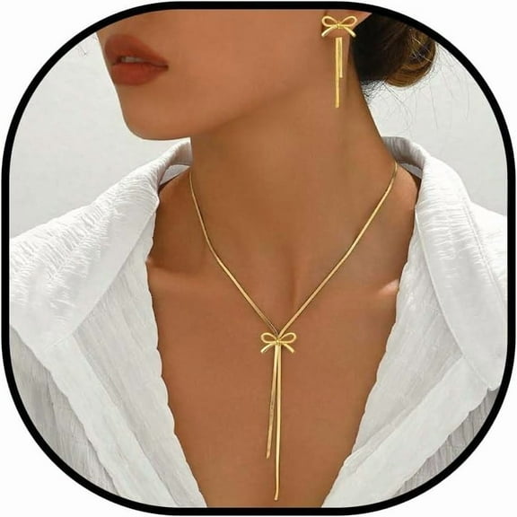 Gold Bow Necklace Earrings Set Bow Jewelry Set Dainty Gold Necklace for Women Bowknot Charm Necklaces
