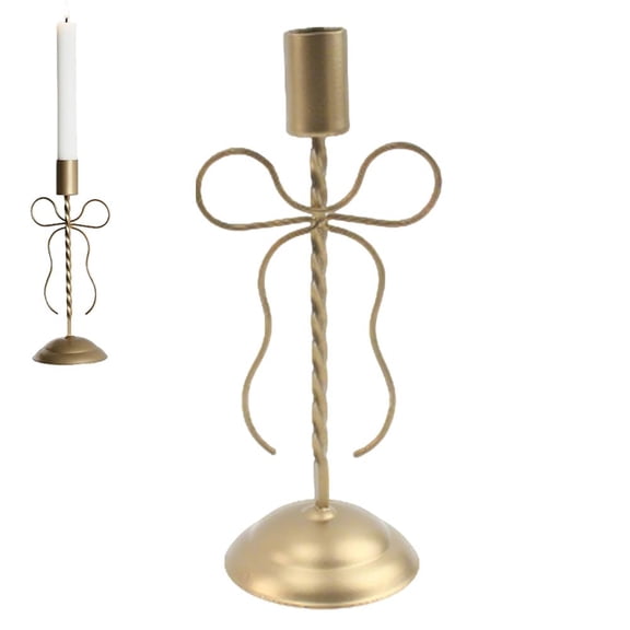 Gold Bow Taper Candle Holder – Iron Metal Candlestick Stand for Dining Table, Mantel, Wedding & Home Decor (Single Piece, Two Sizes Available)