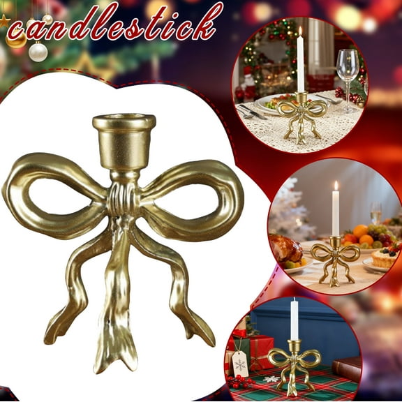 Gold Bow Taper Candle Holder, Vintage Metal Candlestick, Antique Brass Decorative Candle Stick for Wedding, Christmas, Home, Table Centerpiece, Holiday Party & Mantel Décor