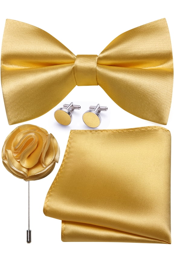 Gold Bow Ties for Men Pre-tied Silk Bowtie and Pocket Square Cufflinks Lapel Pin Set Tuxedo Wedding Party 4PCS