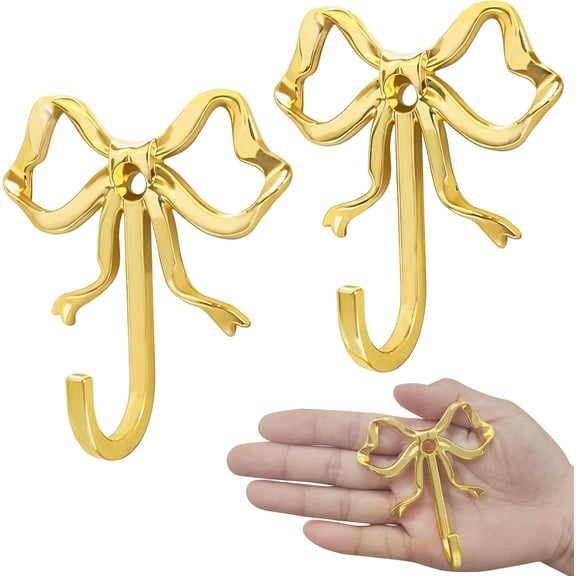 Gold Bow Wall Hooks, 2-Pack Metal Bow Knot Hooks - Rust-Resistant Decorative Hooks for Towel, Coat, Bag, Key, Ideal for Bathroom, Kitchen, Living Room, Wedding & Christmas Decor (M)