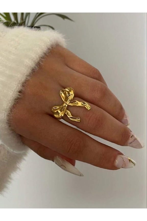 Gold Bowknot Ribbon Style Adjustable Open Ring For Women