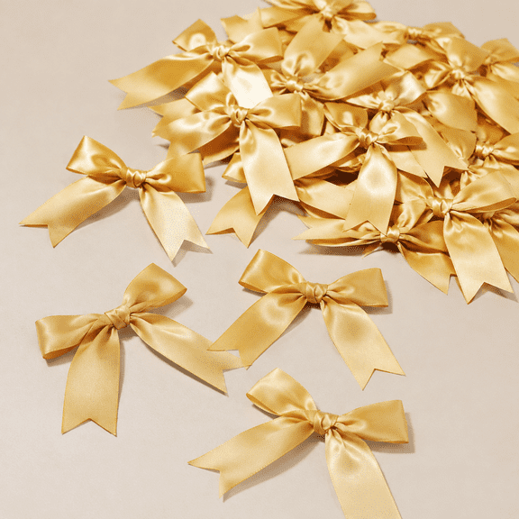 Gold Bows, Satin Self Adhesive Gold Ribbon Bows for Crafts, Small Bow with Double-Sided Tape, Mini Bows for Gift Wrapping, Balloons, Wedding Decor, Party Favors