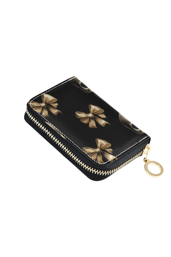 Gold Bows and Skulls Women's Credit Card Holder PU Leather Zipper Wallet RFID Blocking