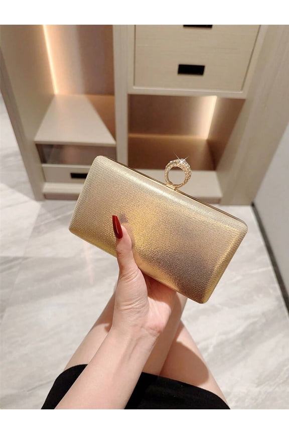 Gold Box Clutch Evening Bag With Rhinestone Ring Handle
