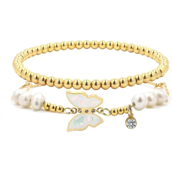 Gold Bracelet Stack Bracelets For Women Trendy Gold Natural Stone Beaded Bracelets Stackable Bracelets For Women 14k Gold Plated Stretch Bead Ball Bracelet Hypoallergenic Non Tarnish…