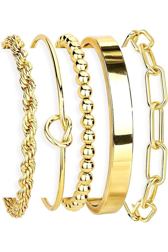 Gold Bracelets Set for Women Non Tarnish, 14K Gold Plated Sterling Silver Chunky Cuff Bracelet Stackable Gold Bangles Bracelet for Women Trendy Fashion Accessories Tie Knot Cuban Rope Paperclip Beade