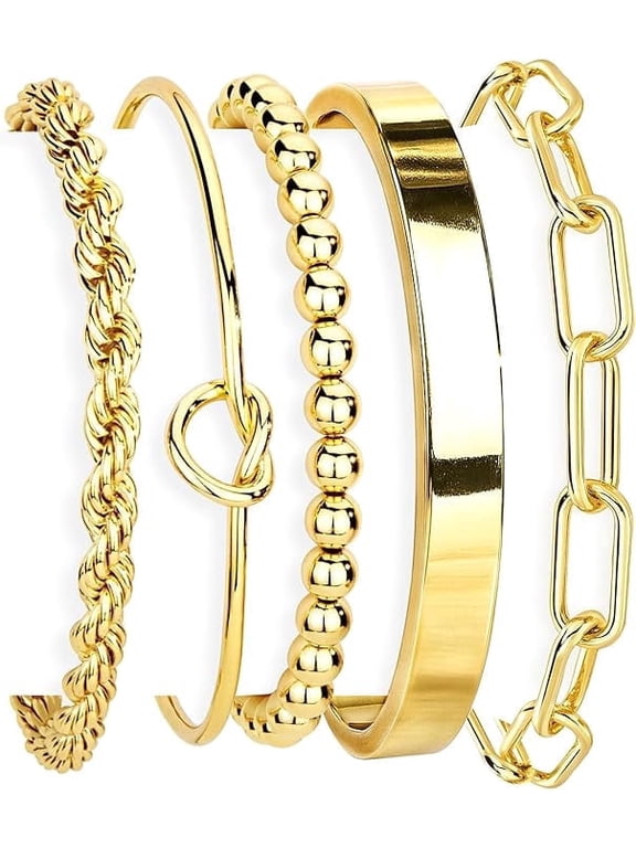 Gold Bracelets Set for Women Non Tarnish, Gold Plated Chunky Cuff Bracelet Stackable Gold Bangles Bracelet for Women Trendy Fashion Accessories Tie Knot Cuban Rope Paperclip Beaded