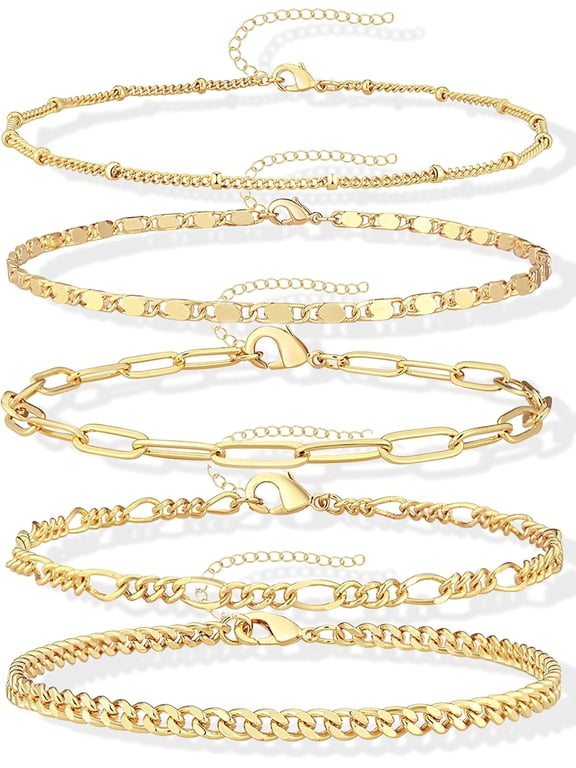 Gold Bracelets Set for Women Non Tarnish Trendy,14K Gold Plated Dainty Stackable Paperclip Cuban Link Chain Bracelets, Simple Cute Cuff Bracelets Jewelry Set Adjustable 7"+2"