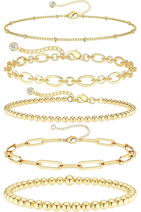Gold Bracelets Set for Women Trendy, Dainty 14K Gold Plated Jewelry Fashion Stackable Tennis Beaded Figaro Herringbone Paperclip Link Bracelet Pack Stack Gifts for Women