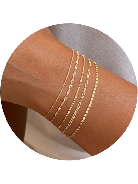 Gold Bracelets for Women, 14K Dainty Gold Plated Stackable Bracelets for Women Trendy Gold Bracelet Stack Set Waterproof Chain Bracelets Paperclip Adjustable Tennis Minimalist Tiny Cute Jewelry