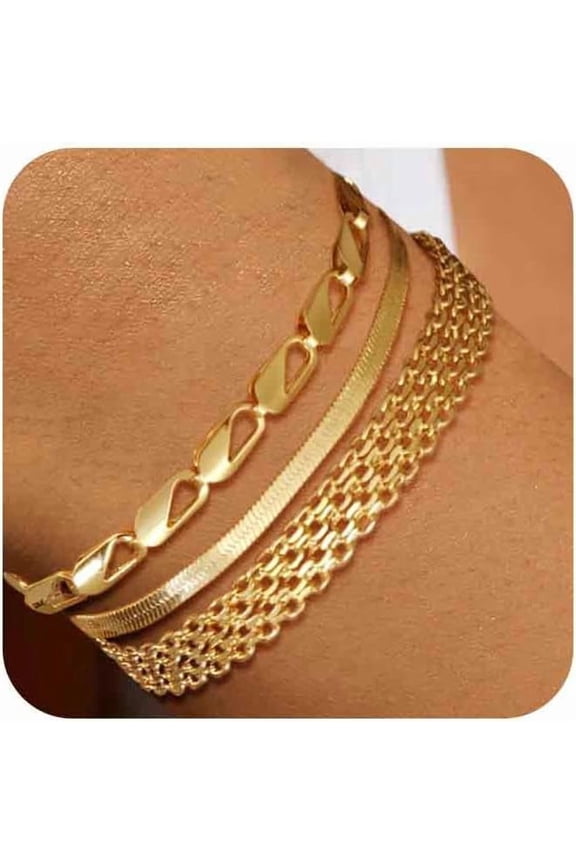 Gold Bracelets For Women 14K Gold Bangle Bracelet Stack - Adjustable Waterproof Trendy Bracelets Gold Filled Stacks Bangles Link Chain Gold Bracelet Non Tarnish For Women Collection Jewelry [H2995]