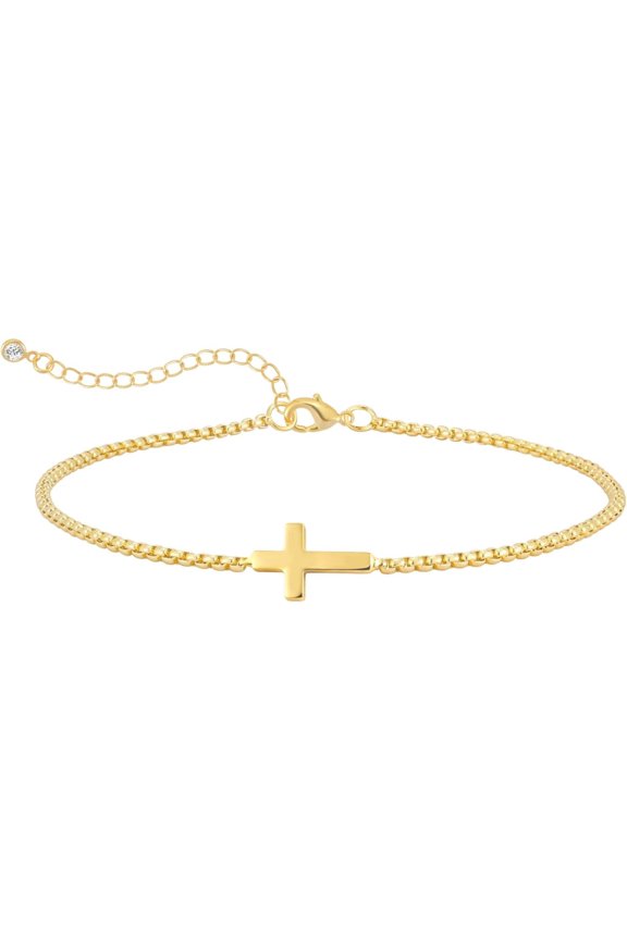 Gold Bracelets for Women, 14K Gold Plated Dainty Gold Cross Bracelet, Trendy Beaded Bracelet Stack & Pearl Bracelet Set, Waterproof Chain Bracelet, Gold Jewelry for Women, Ideal Baptism Gifts