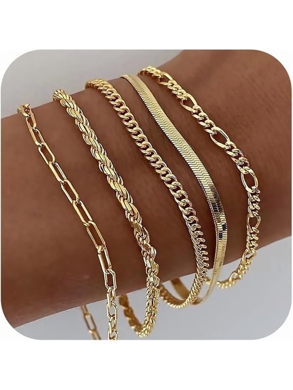 Gold Bracelets for Women, 14K Gold Plated Jewelry Sets for Women Trendy Thin Dainty Stackable Cuban Link Paperclip Chain Bracelet Pack Fashion Accessories Gifts