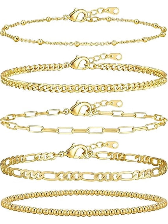 Gold Bracelets for Women, 14K Gold Plated Stackable Bracelet Stack Set Adjustable Charm Paperclip Chain Cuban Link Layered Waterproof Jewelry Sets Gifts for Womens