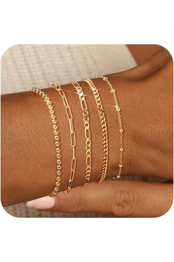 Gold Bracelets for Women, 14K Gold Plated Stackable Bracelet Stack Set Adjustable Charm Paperclip Chain Cuban Link Layered Waterproof Jewelry Sets Gifts for Womens
