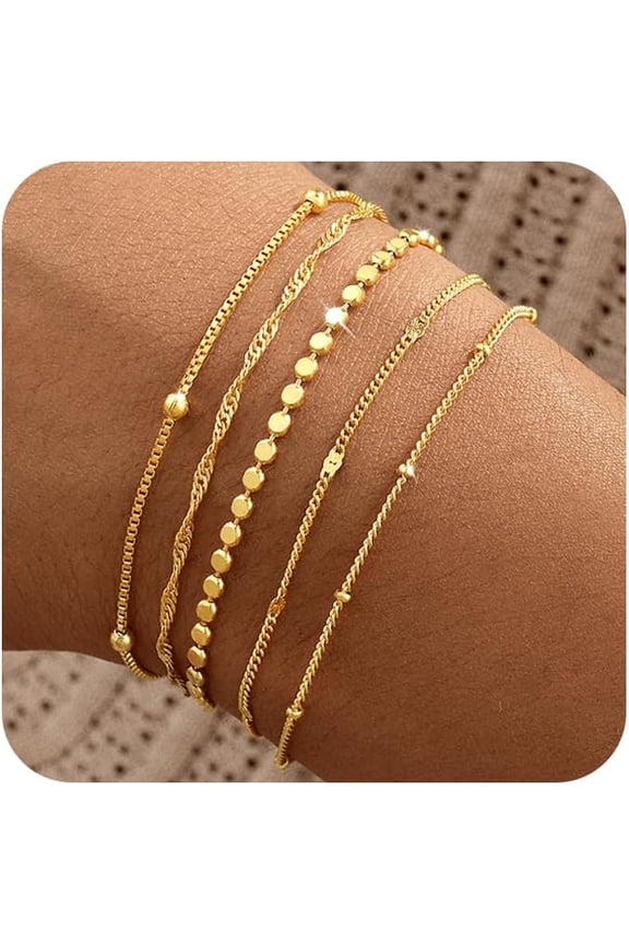 Gold Bracelets for Women, 14K Gold Plated Stackable Bracelet Stack Set Adjustable Charm Paperclip Chain Snake Link Layered Waterproof Jewelry Sets Gifts