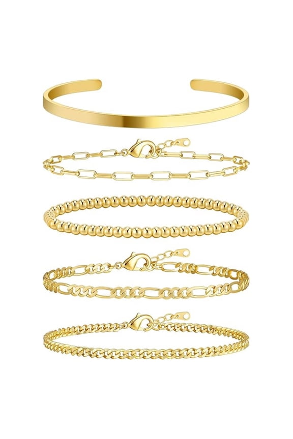 Gold Bracelets for Women Bracelet Stack Set 14K Real Gold Plated Link Charm Bracelet Dainty Link Chain Stackable Charm Bracelets Adjustable Bangle Cuff Bracelet Pack Jewelry Gifts for Women
