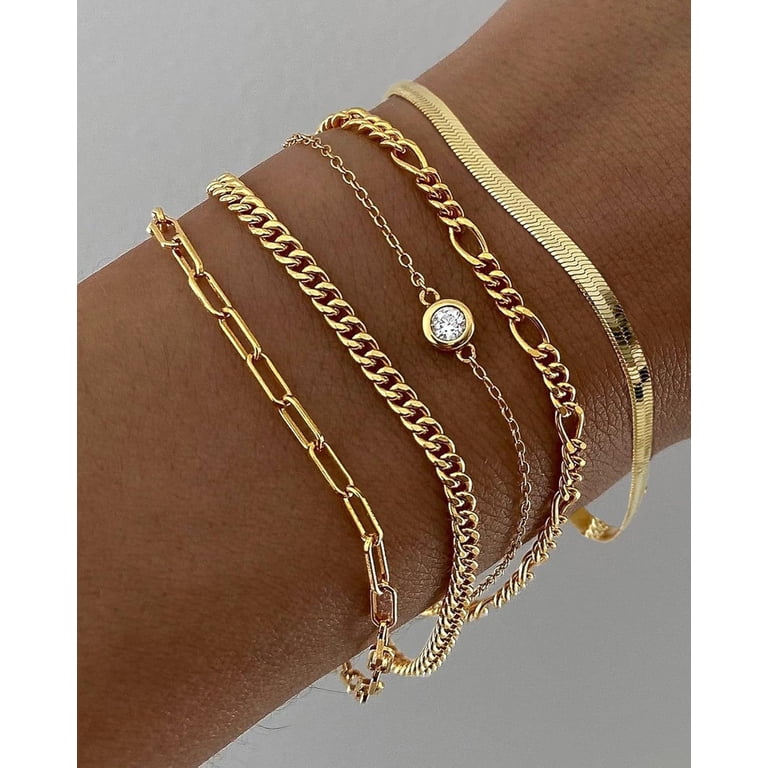 Set Di Bracciali Oro 14k Per Donna – Bracciali A Sfere Elastici E A Catena, Gioielli Alla Moda Da Impilare, Regalo Per Lei