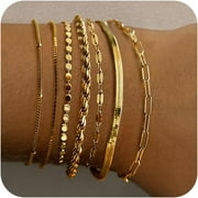 TOTF Gold Bracelets for Women Dainty 14K Gold Plated Herringbone Bracelets Jewelry Sets Stackable Figaro Chain Paperclip Link Chain Cute Bracelet Pack Gifts for Women Girls