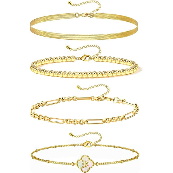 Gold Bracelets for Women Girls, 24K Real Gold Plated A-Z Letter Sets Link Chain Bracelets Stack, Lucky Clover Trendy Adjustable Bracelets Dainty Jewelry