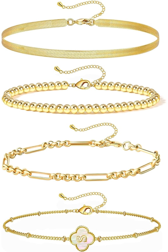 Gold Bracelets for Women Girls, 24K Real Gold Plated A-Z Letter Sets Link Chain Bracelets Stack, Lucky Clover Trendy Adjustable Bracelets Dainty Jewelry