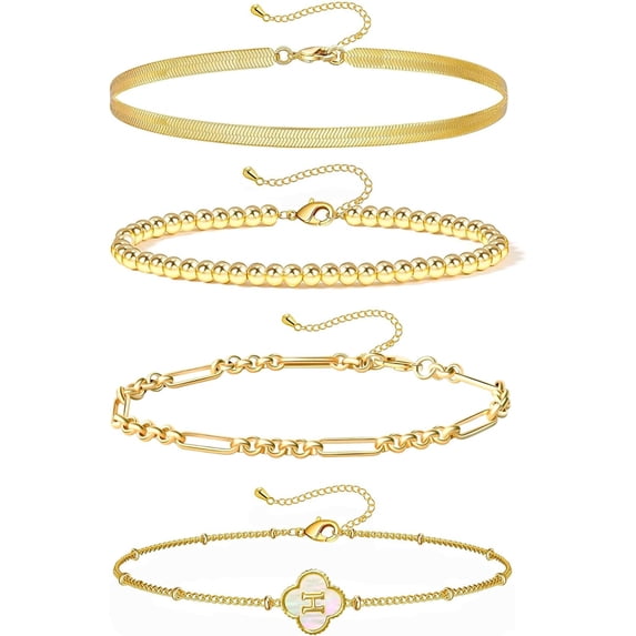 Gold Bracelets for Women Girls, 24K Real Gold Plated A-Z Letter Sets Link Chain Bracelets Stack, Lucky Clover Trendy Adjustable Bracelets Dainty Jewelry