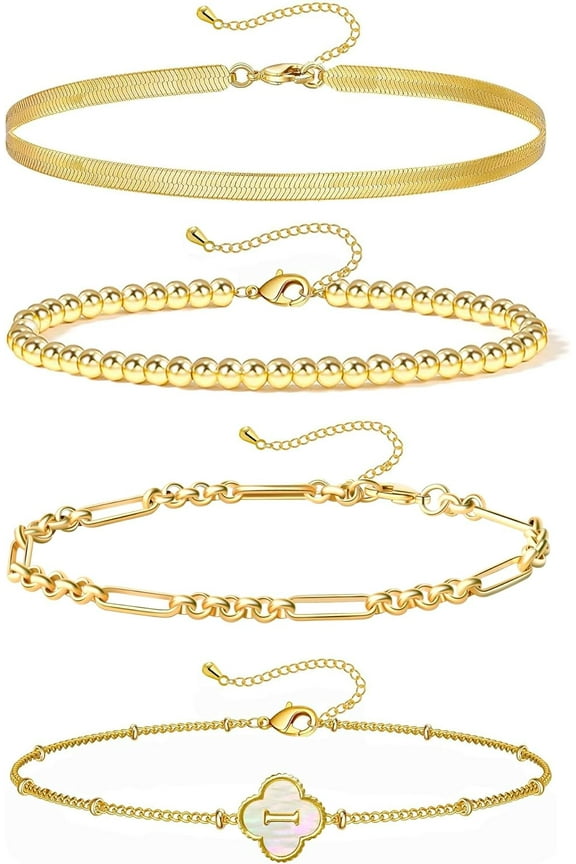 Gold Bracelets for Women Girls, 24K Real Gold Plated A-Z Letter Sets Link Chain Bracelets Stack, Lucky Clover Trendy Adjustable Bracelets Dainty Jewelry