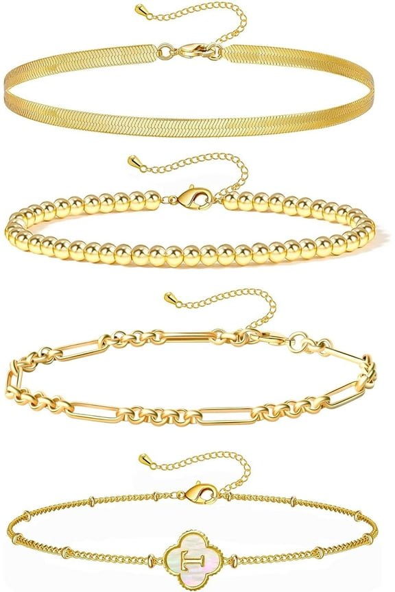 Gold Bracelets for Women Girls, 24K Real Gold Plated A-Z Letter Sets Link Chain Bracelets Stack, Lucky Clover Trendy Adjustable Bracelets Dainty Jewelry