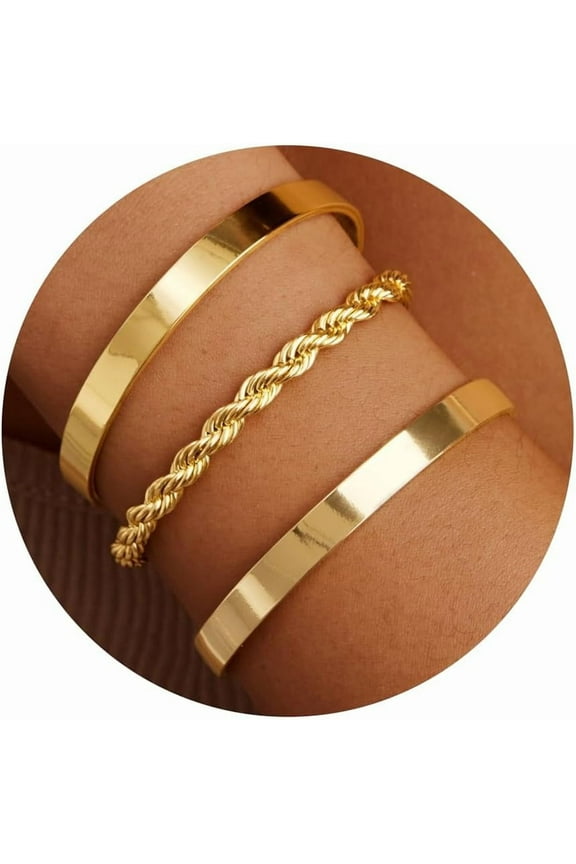 Gold Bracelets for Women Non Tarnish Dainty 14K Gold Plated Bangle Cuff Bracelets Stack for Women,Stackable Bracelet Gold Jewelry Trendy Gifts Adjustable