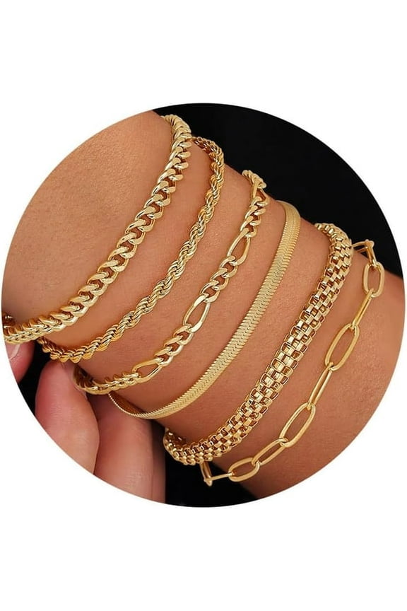 Gold Bracelets for Women Non Tarnish, Dainty 14K Gold Plated Stackable Bracelets Waterproof, Silver Cuban Link Beaded Paperclip Figaro Rope Chain Bracelet Stack Set Adjustable