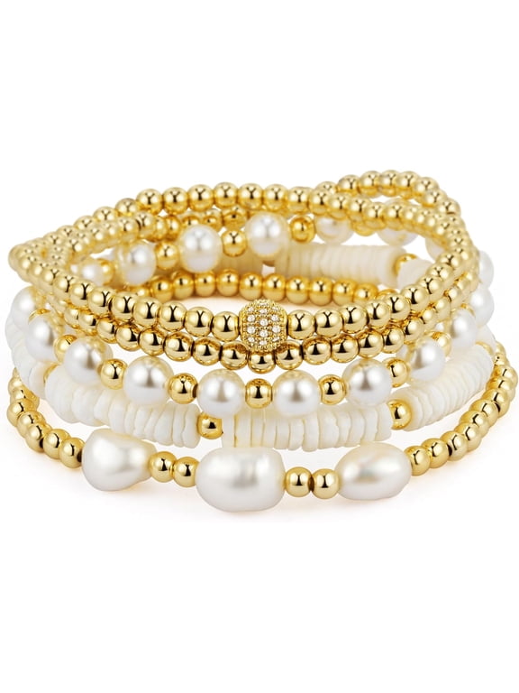 Gold Bracelets for Women Pearl Bracelet Gold Bracelet Stack Beaded Bracelets for Women 14K Gold Plated Stretch Bead Ball Bracelet Sets Jewelry for Christmas Birthday Gifts
