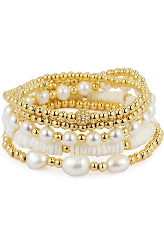 Gold Bracelets for Women Pearl Bracelet Gold Bracelet Stack Beaded Bracelets for Women 14K Gold Plated Stretch Bead Ball Bracelet Sets Jewelry for Christmas Birthday Gifts