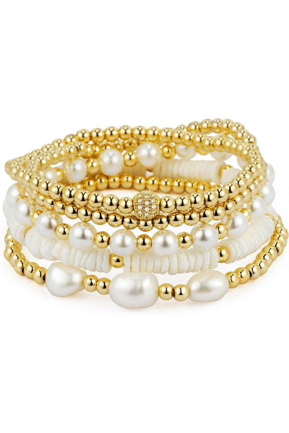 Gold Bracelets for Women Pearl Bracelet Gold Bracelet Stack Beaded Bracelets for Women 14K Gold Plated Stretch Bead Ball Bracelet Sets Jewelry for Christmas Birthday Gifts