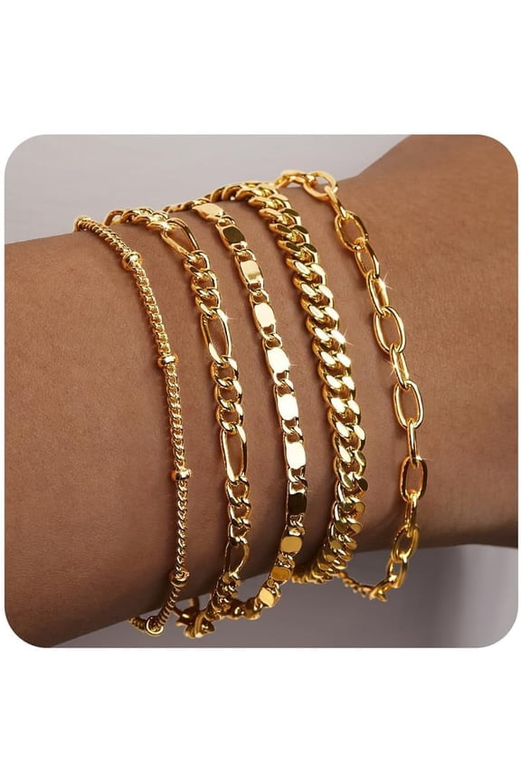 Gold Bracelets for Women Trendy,14K Gold Plated Dainty Stackable Paperclip Cuban Link Chain Bracelets, Simple Cute Cuff Bracelets Jewelry Set Adjustable 7"+2"
