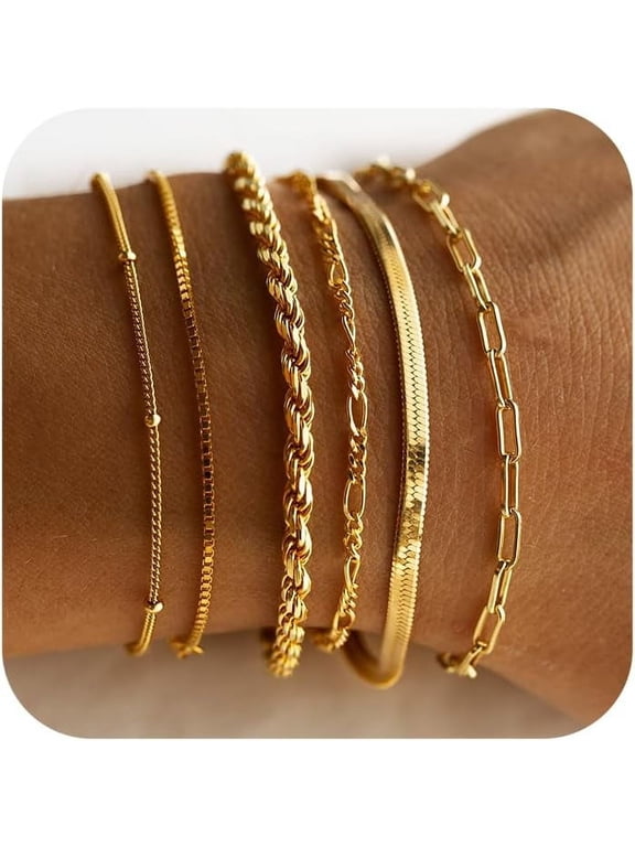 Gold Bracelets for Women Waterproof, 14K Real Gold Plated Stackable Dainty Chain Bracelet Set, Cuban Link & Paperclip Styles, Fashion Jewelry Gifts for Birthday, Christmas, Valentine's Day
