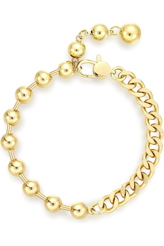 Gold Bracelets for Women, 14K Gold Plated Beaded Bracelets Chunky Cuban Link Big Clasp with Adjustable Extender Trendy Gifts for Teen Girls