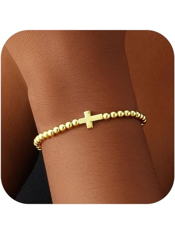 Gold Bracelets for Women 14K Gold Plated Beaded Bracelets Gold Stretch Bead Bracelet Handmade Ball Charm Bracelet Dainty Gold Jewelry Gifts for Women