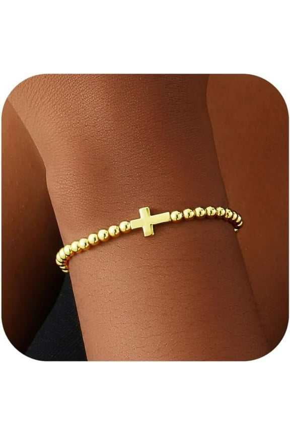 Gold Bracelets for Women 14K Gold Plated Beaded Bracelets Gold Stretch Bead Bracelet Handmade Ball Charm Bracelet Dainty Gold Jewelry Gifts for Women