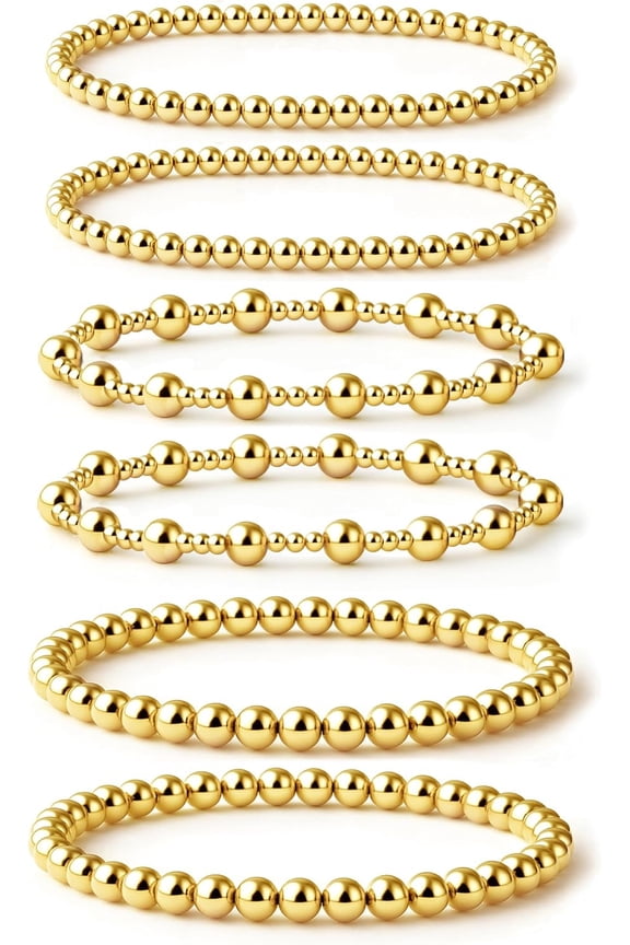 Gold Bracelets for Women 14K Gold Plated Stackable Bead Ball Bracelet Set Stretch Gold Beaded Bracelets Gold Jewelry for Women Gifts