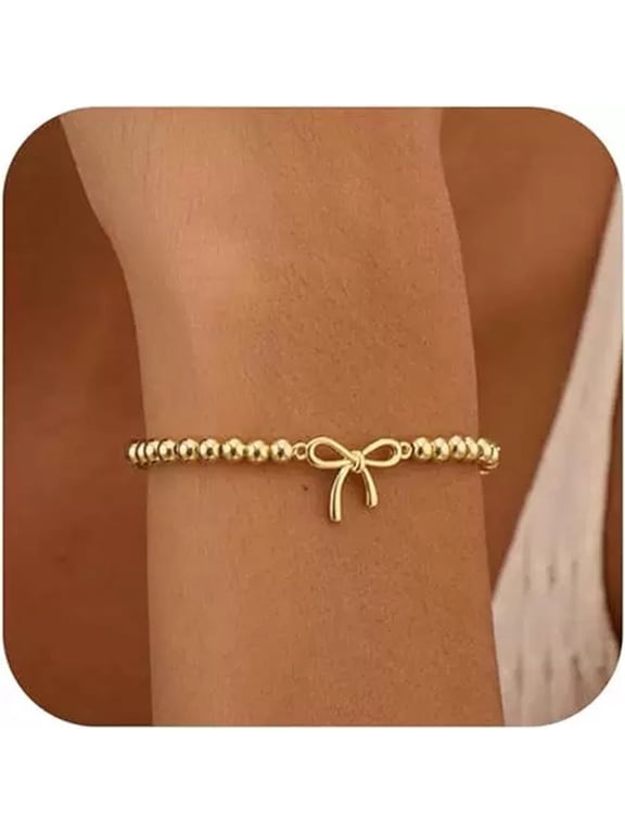 Gold Tone Bracelets for Women, Dainty Bow Bracelet Beaded Bracelets Jewelry Gifts