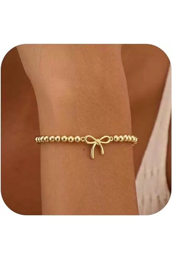 Gold Bracelets for Women, Dainty Gold Bow Bracelet 14K Gold Plated Beaded Bracelets Jewelry Gifts