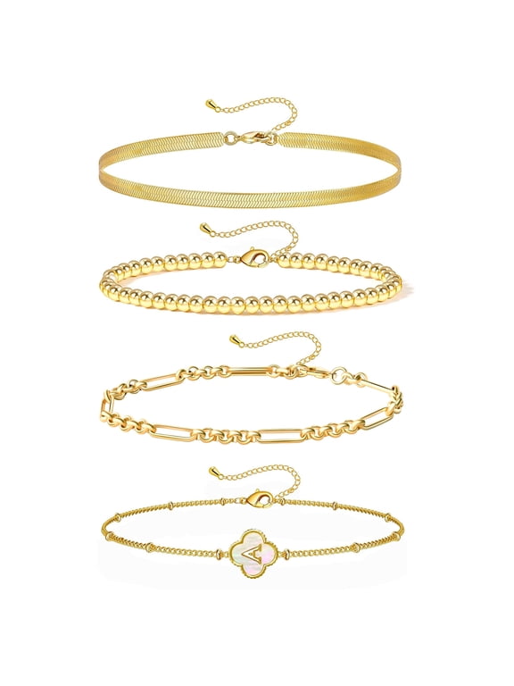 Gold Bracelets for Women Girls, Gold Plated A-Z Letter Sets Link Chain Bracelets Stack, Lucky Clover Trendy Adjustable Bracelets Dainty Jewelry