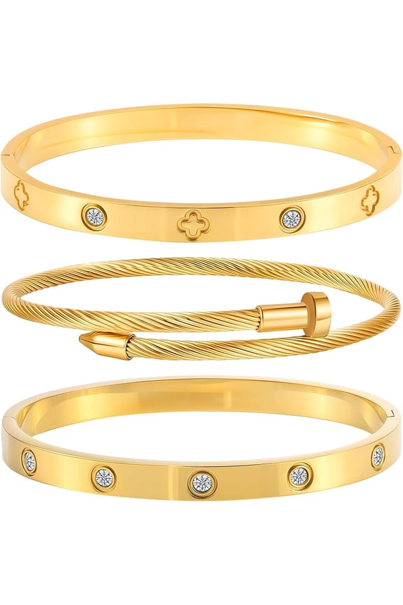 Gold Bracelets for Women - Stackable Bangles with Friendship & Love Theme - Stainless Steel Jewelry Gift for Her